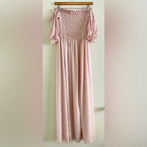 Mable Clothing Off the Shoulder Smocked Ditsy Floral Print Maxi Dress - M